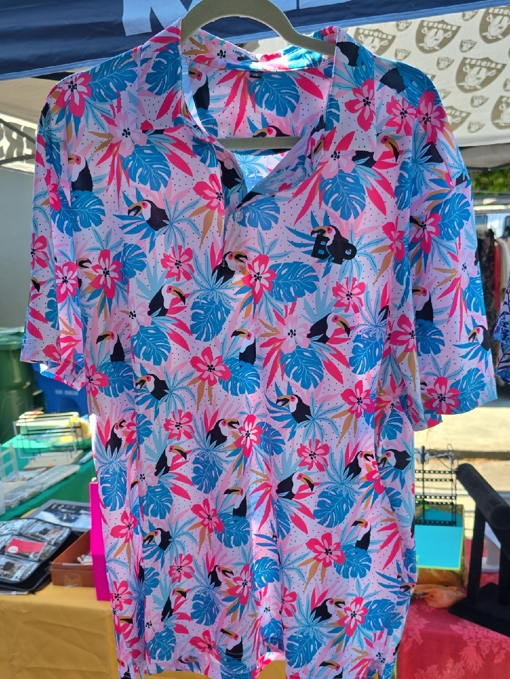 Men's Tropical Print Golf Short-Sleeve Button-Down Shirt - Pink/Blue